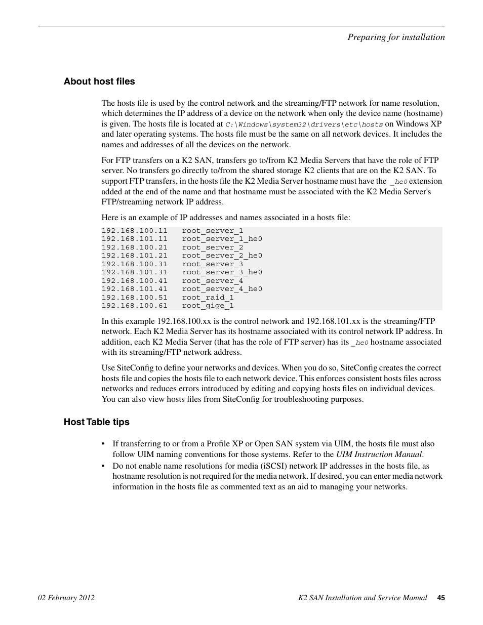 About host files, Host table tips, About host files host table tips | Grass Valley K2 (Summit 3G) 10Gv2 Storage Area Network Installation v.8.1 User Manual | Page 45 / 366