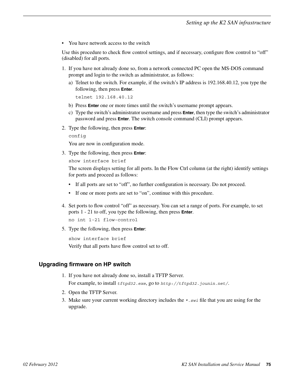 Upgrading firmware on hp switch | Grass Valley K2 (Summit 3G) 10Gv2 Storage Area Network Installation v.8.1 User Manual | Page 75 / 366