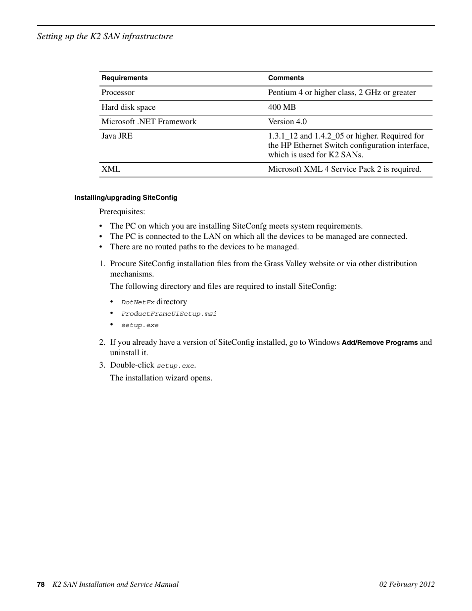 Installing/upgrading siteconfig | Grass Valley K2 (Summit 3G) 10Gv2 Storage Area Network Installation v.8.1 User Manual | Page 78 / 366