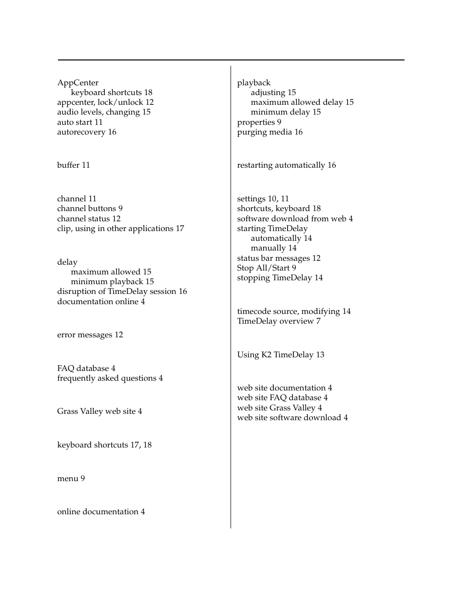 Index | Grass Valley K2 TimeDelay v.9.0 User Manual | Page 21 / 22