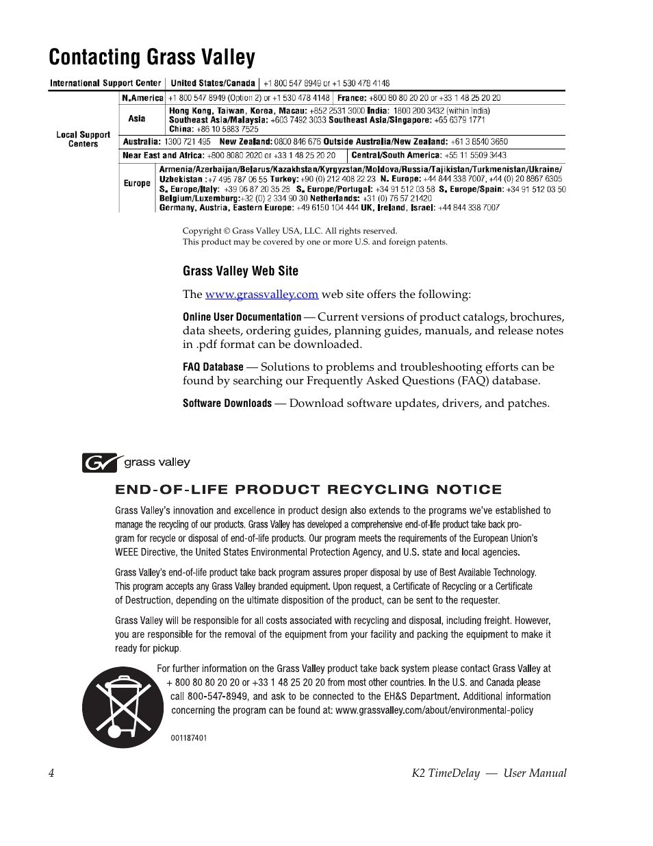 Contacting grass valley | Grass Valley K2 TimeDelay v.9.0 User Manual | Page 4 / 22