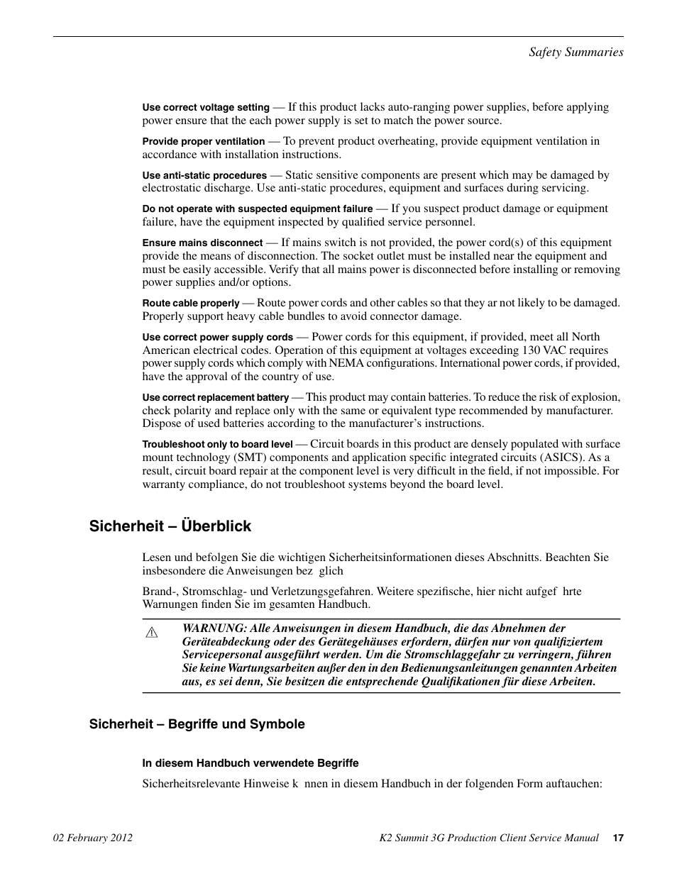 Sicherheit – begriffe und symbole, Sicherheit – überblick | Grass Valley K2 Summit 3G v.8.0 User Manual | Page 17 / 116