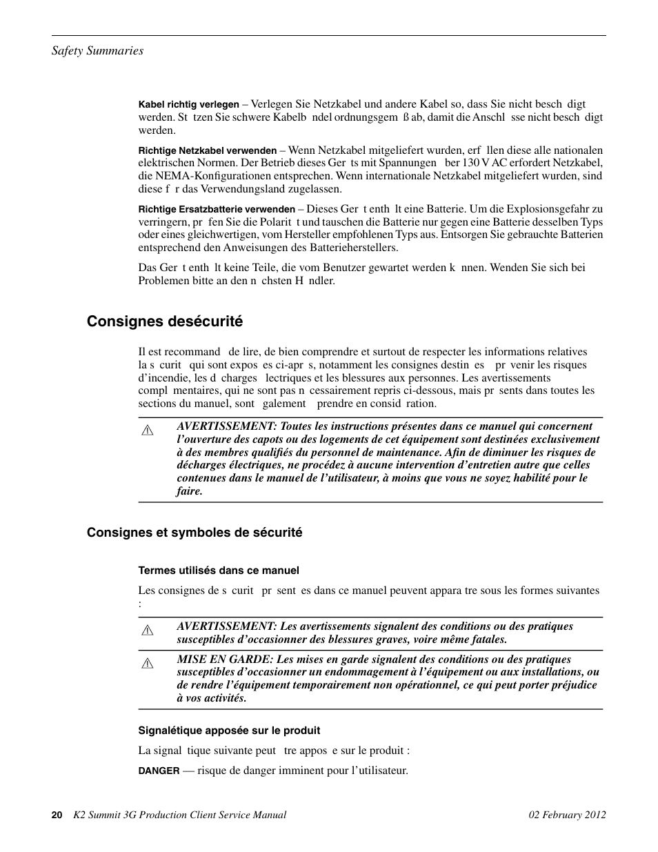 Consignes et symboles de sécurité, Consignes desécurité | Grass Valley K2 Summit 3G v.8.0 User Manual | Page 20 / 116