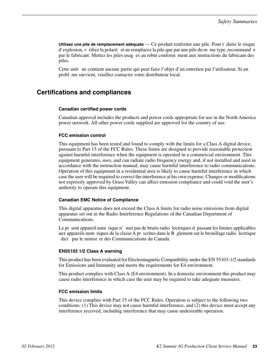 Certifications and compliances | Grass Valley K2 Summit 3G v.8.0 User Manual | Page 23 / 116