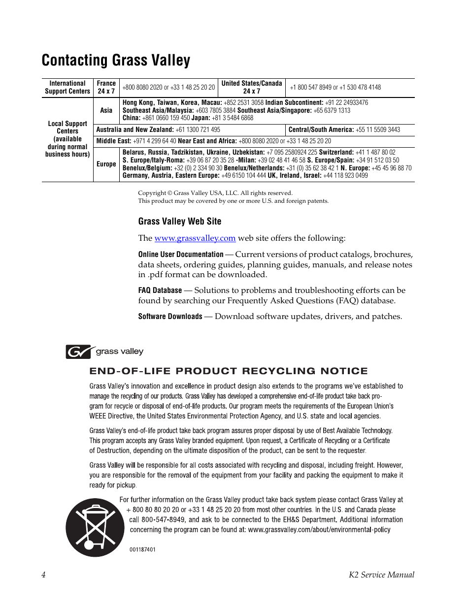 Contacting grass valley | Grass Valley K2 Summit 3G v.8.0 User Manual | Page 4 / 116