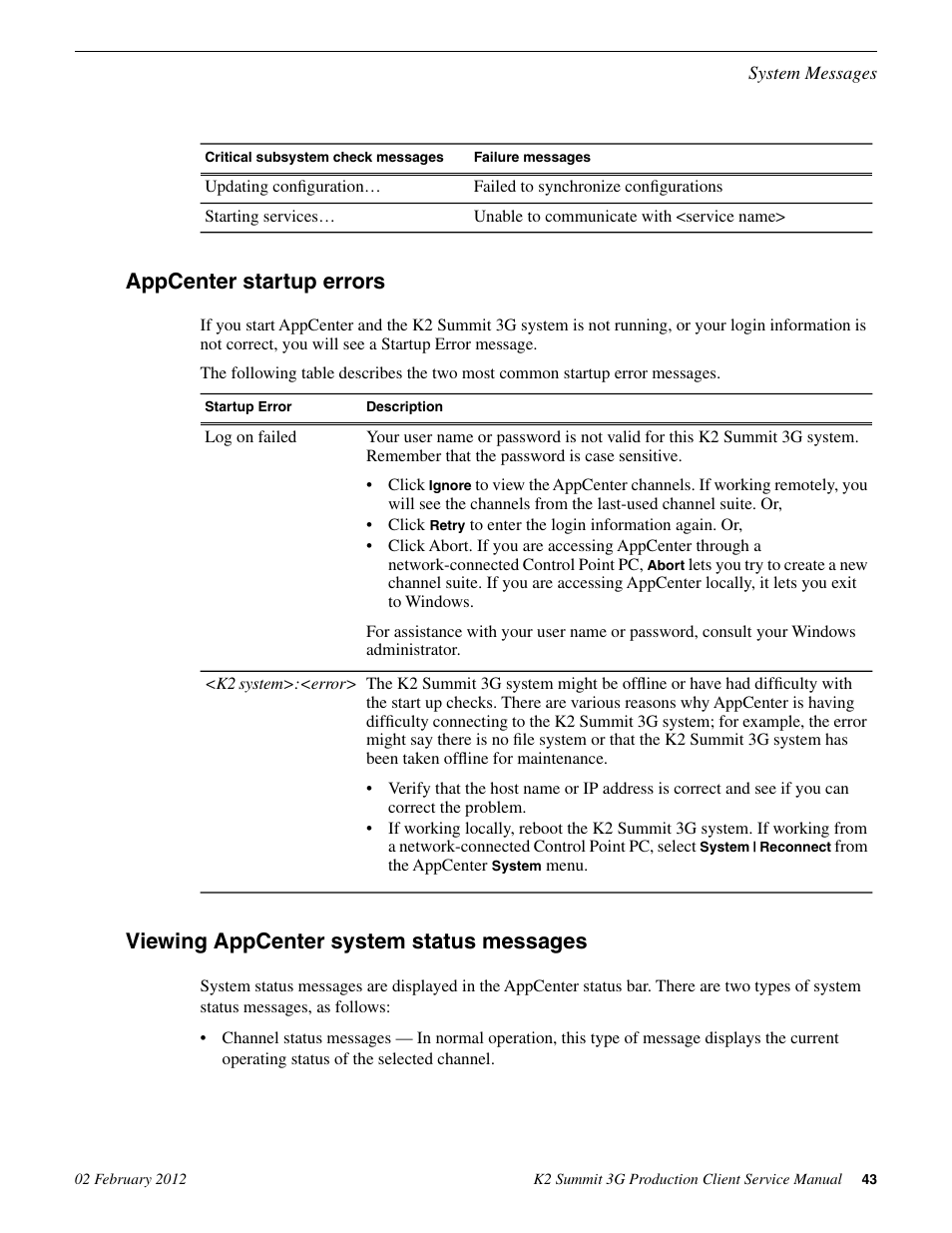 Appcenter startup errors, Viewing appcenter system status messages | Grass Valley K2 Summit 3G v.8.0 User Manual | Page 43 / 116
