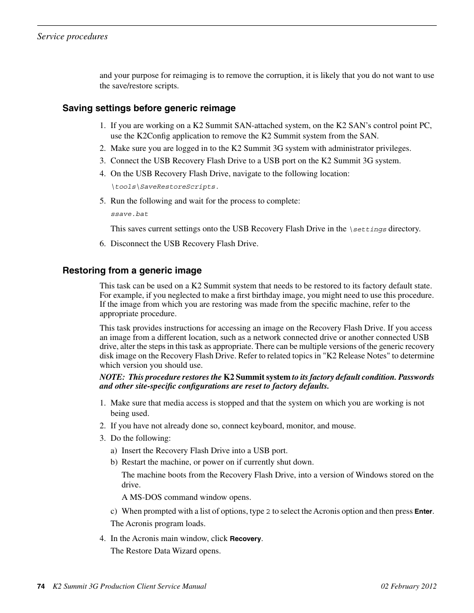 Saving settings before generic reimage, Restoring from a generic image | Grass Valley K2 Summit 3G v.8.0 User Manual | Page 74 / 116