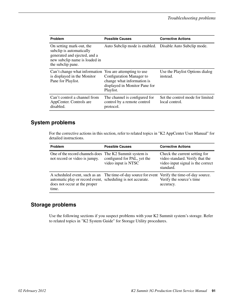 System problems, Storage problems, System problems storage problems | Grass Valley K2 Summit 3G v.8.0 User Manual | Page 91 / 116