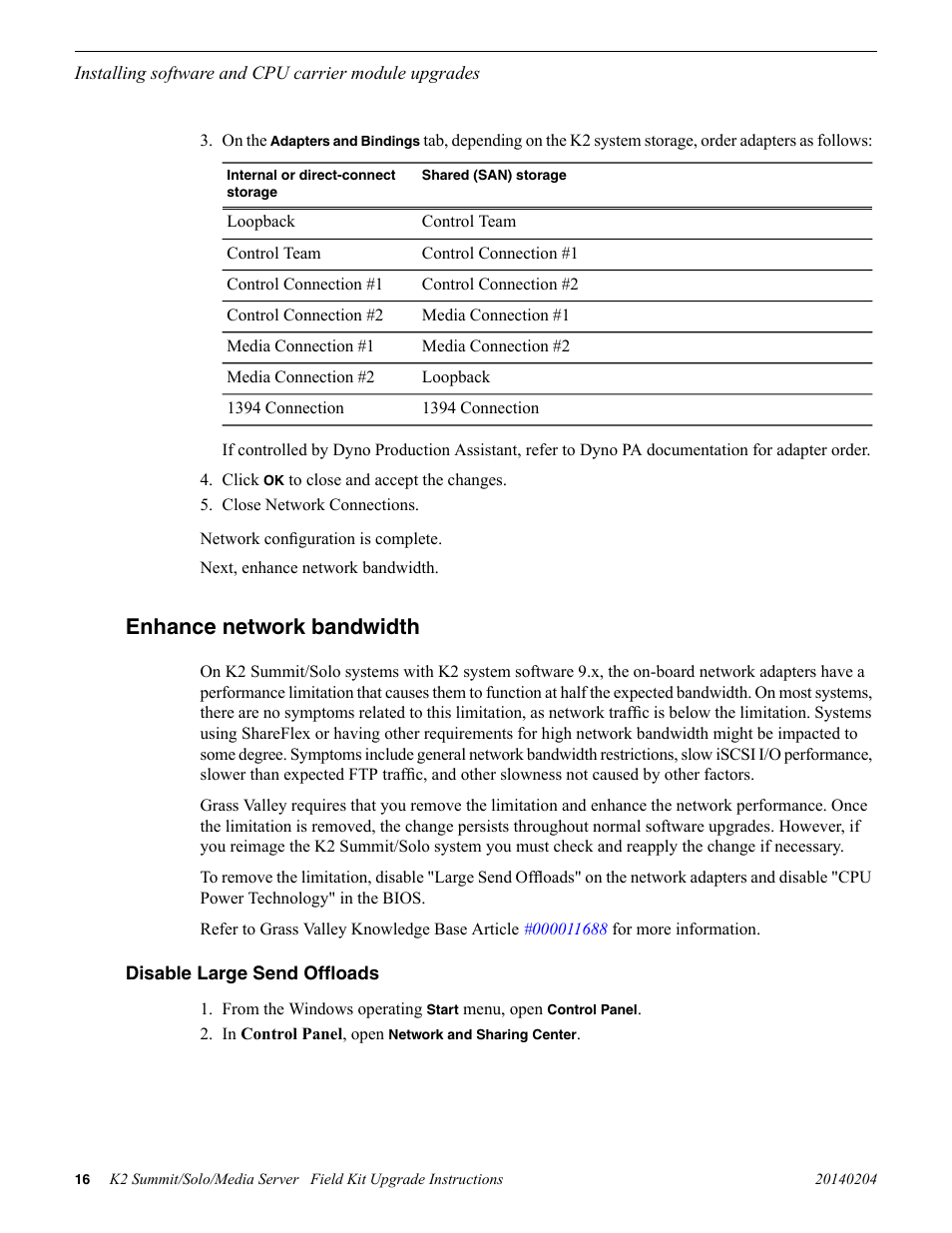 Enhance network bandwidth, Disable large send offloads | Grass Valley K2 Summit Client v.9.2 User Manual | Page 16 / 49