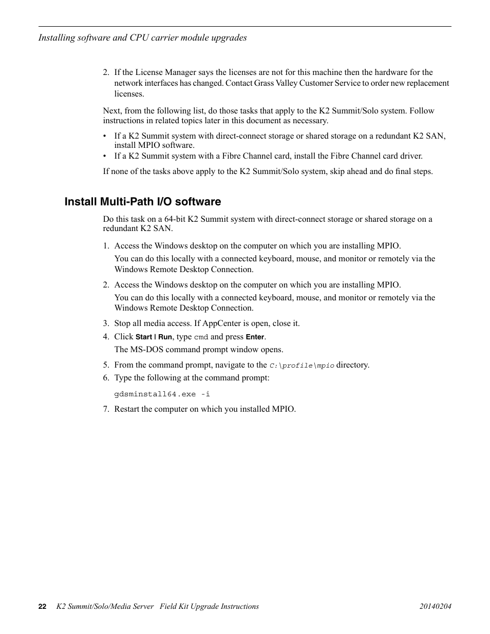 Install multi-path i/o software | Grass Valley K2 Summit Client v.9.2 User Manual | Page 22 / 49
