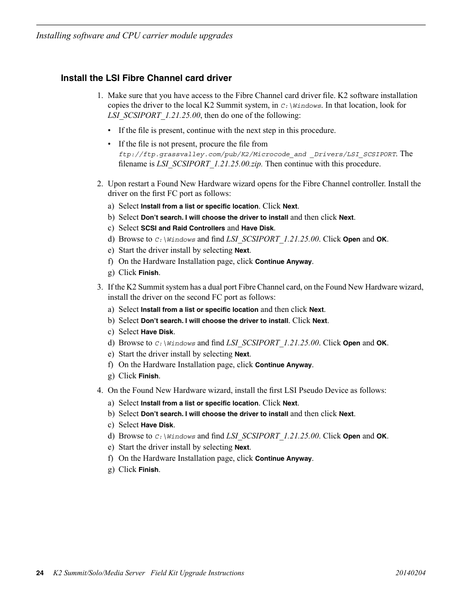 Install the lsi fibre channel card driver | Grass Valley K2 Summit Client v.9.2 User Manual | Page 24 / 49