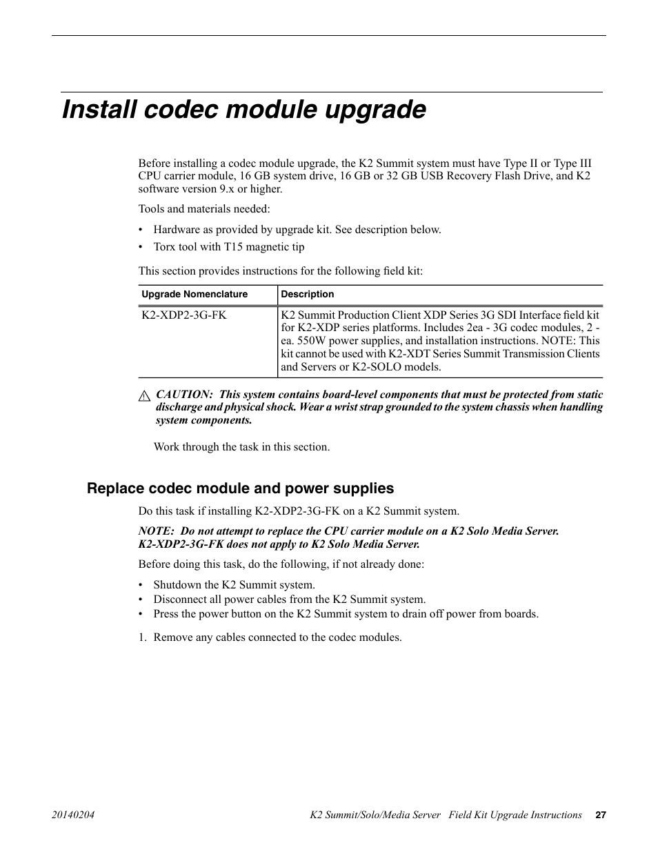 Install codec module upgrade, Replace codec module and power supplies | Grass Valley K2 Summit Client v.9.2 User Manual | Page 27 / 49