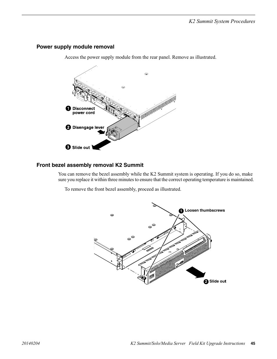 Power supply module removal, Front bezel assembly removal k2 summit | Grass Valley K2 Summit Client v.9.2 User Manual | Page 45 / 49