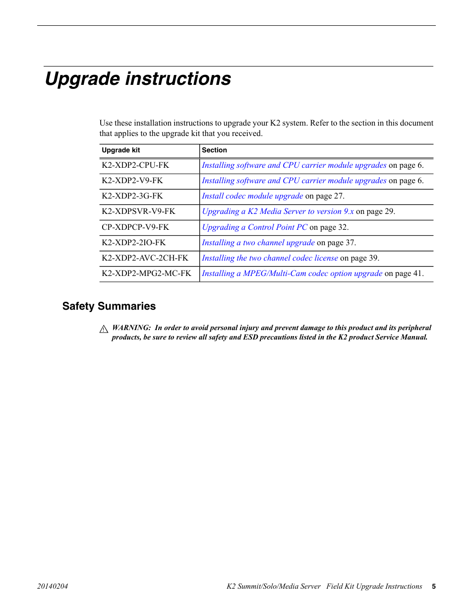 Upgrade instructions, Safety summaries | Grass Valley K2 Summit Client v.9.2 User Manual | Page 5 / 49