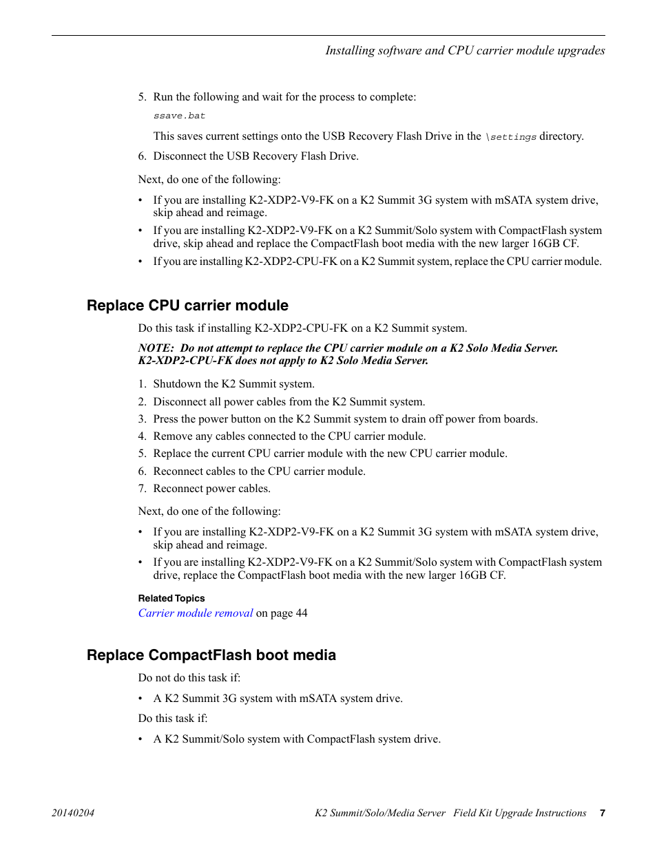 Replace cpu carrier module, Replace compactflash boot media | Grass Valley K2 Summit Client v.9.2 User Manual | Page 7 / 49