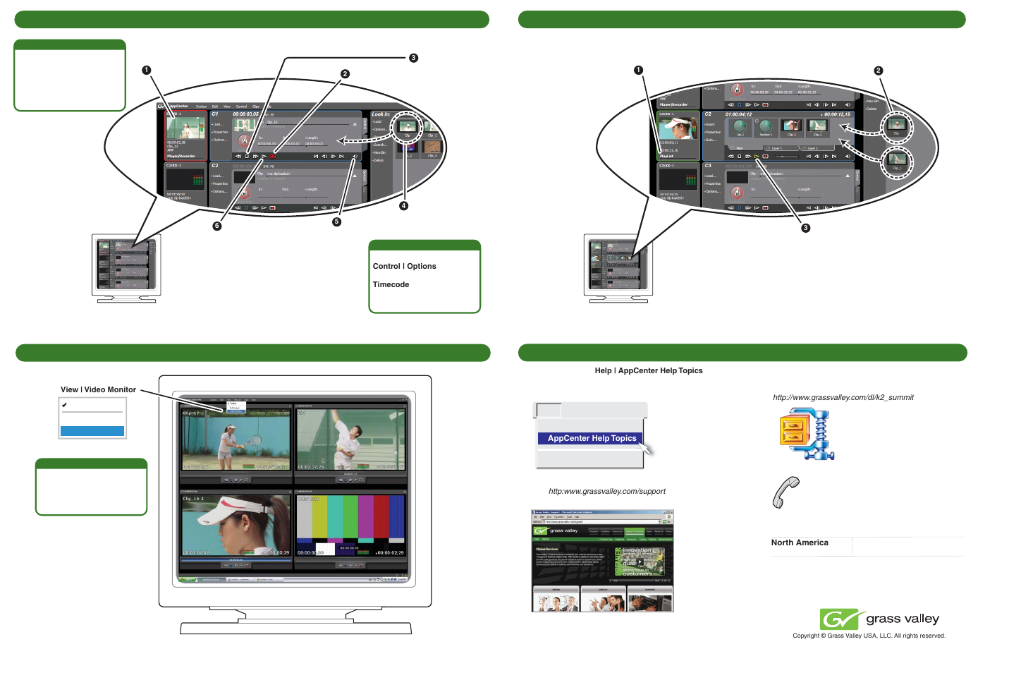 Record and play, Create a playlist, Monitor | For more information | Grass Valley K2 Summit 3G Client v.9.0 User Manual | Page 2 / 2
