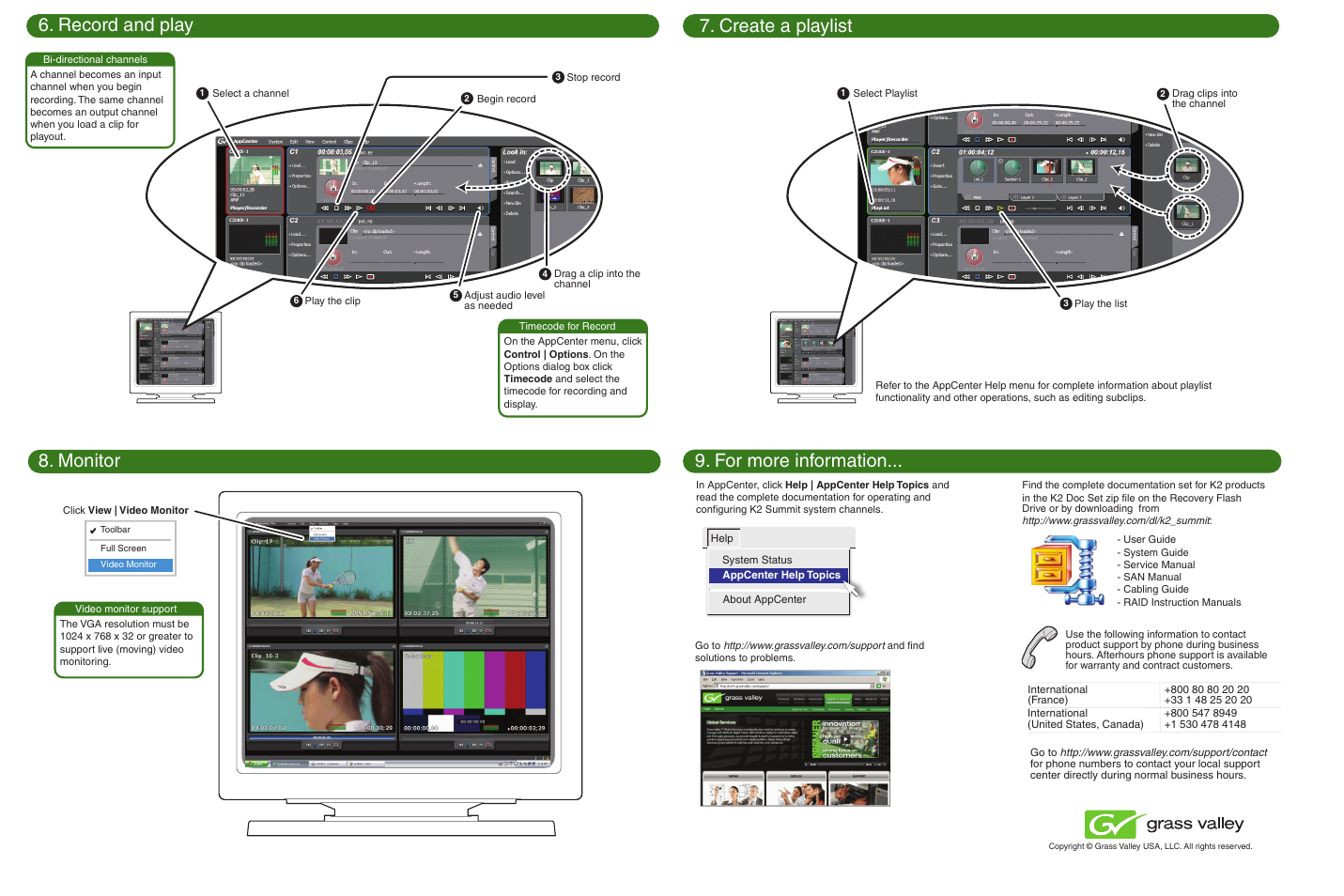 Record and play 9. for more information, Record and play, Create a playlist 8. monitor | Grass Valley K2 Summit 3G Client v.8.x User Manual | Page 2 / 2