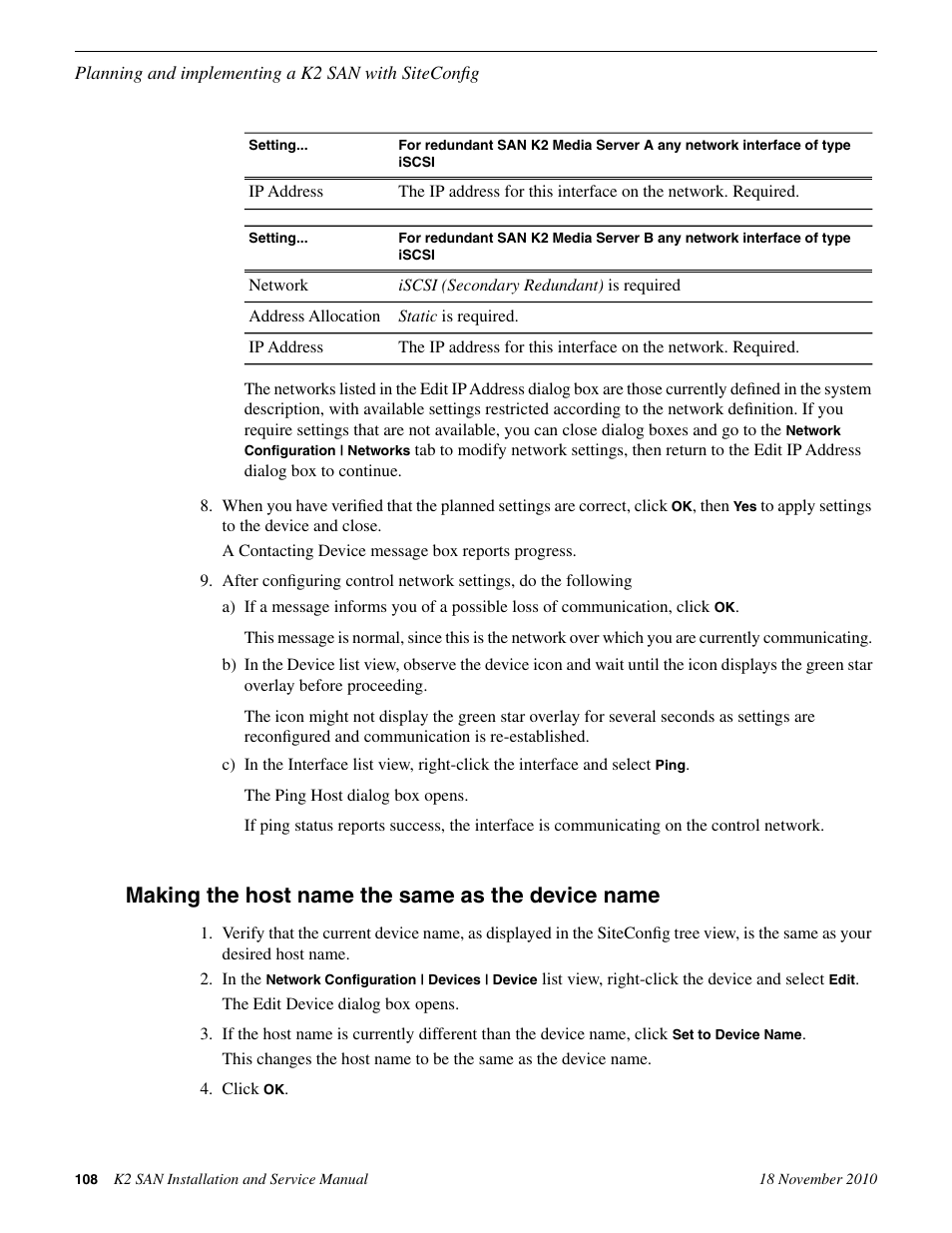 Making the host name the same as the device name | Grass Valley K2 Summit Storage Area Network Installation User Manual | Page 108 / 362