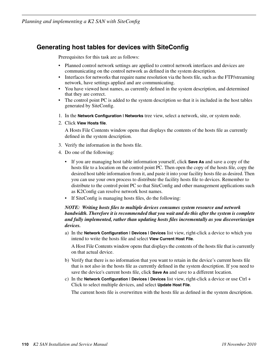 Generating host tables for devices with siteconfig | Grass Valley K2 Summit Storage Area Network Installation User Manual | Page 110 / 362