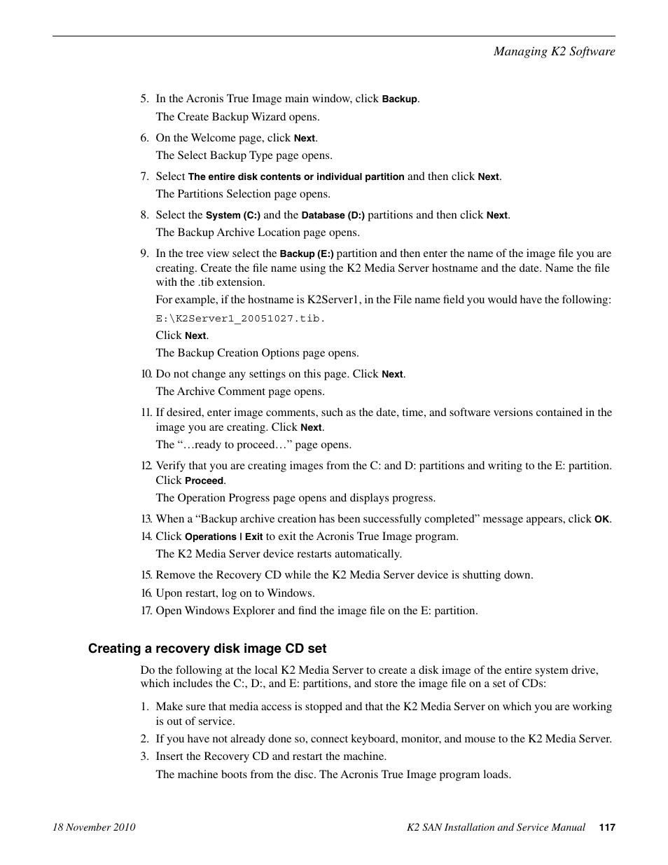 Creating a recovery disk image cd set | Grass Valley K2 Summit Storage Area Network Installation User Manual | Page 117 / 362