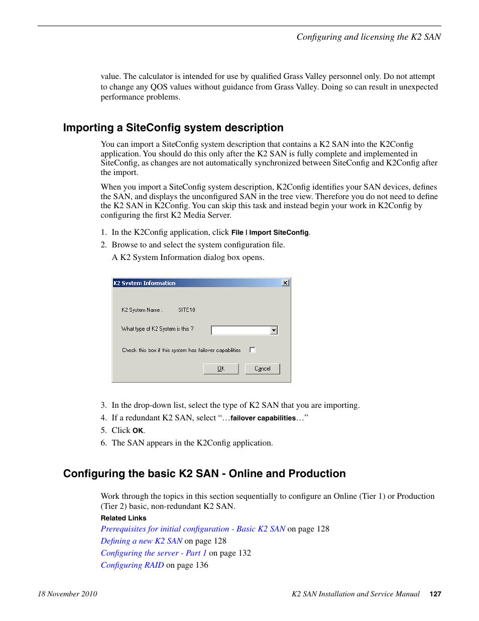 Importing a siteconfig system description | Grass Valley K2 Summit Storage Area Network Installation User Manual | Page 127 / 362