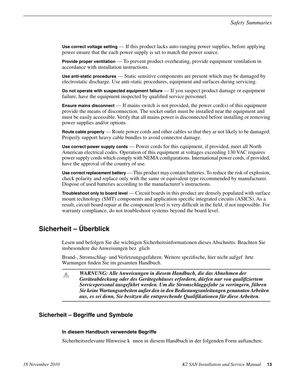 Sicherheit – begriffe und symbole, Sicherheit – überblick | Grass Valley K2 Summit Storage Area Network Installation User Manual | Page 13 / 362