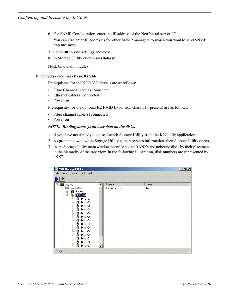 Binding disk modules - basic k2 san | Grass Valley K2 Summit Storage Area Network Installation User Manual | Page 138 / 362