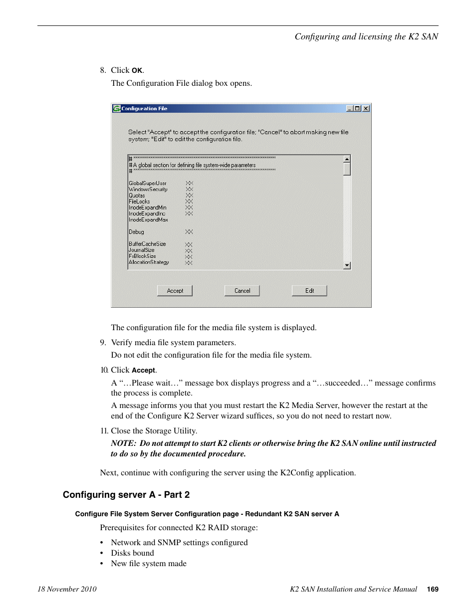 Configuring server a - part 2 | Grass Valley K2 Summit Storage Area Network Installation User Manual | Page 169 / 362