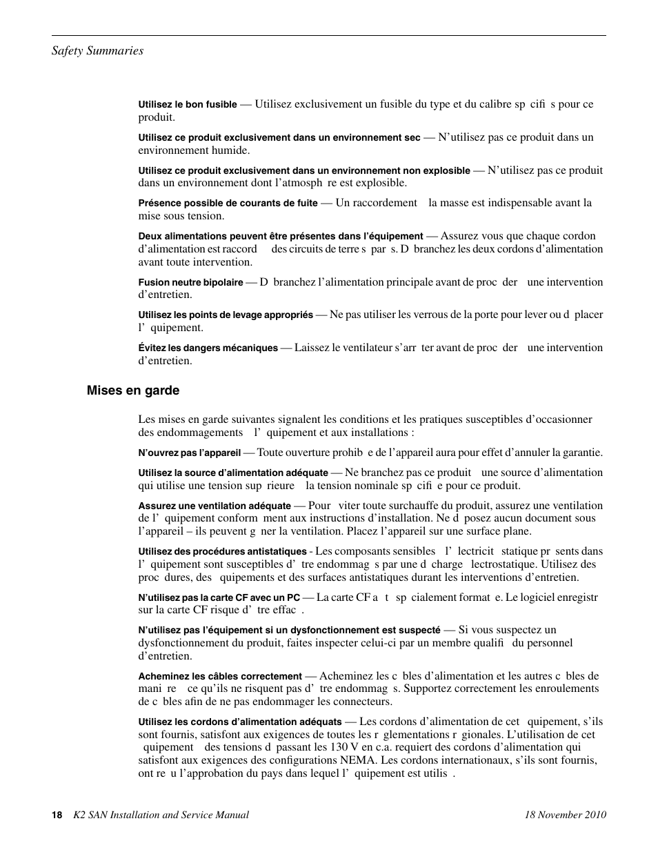 Mises en garde | Grass Valley K2 Summit Storage Area Network Installation User Manual | Page 18 / 362