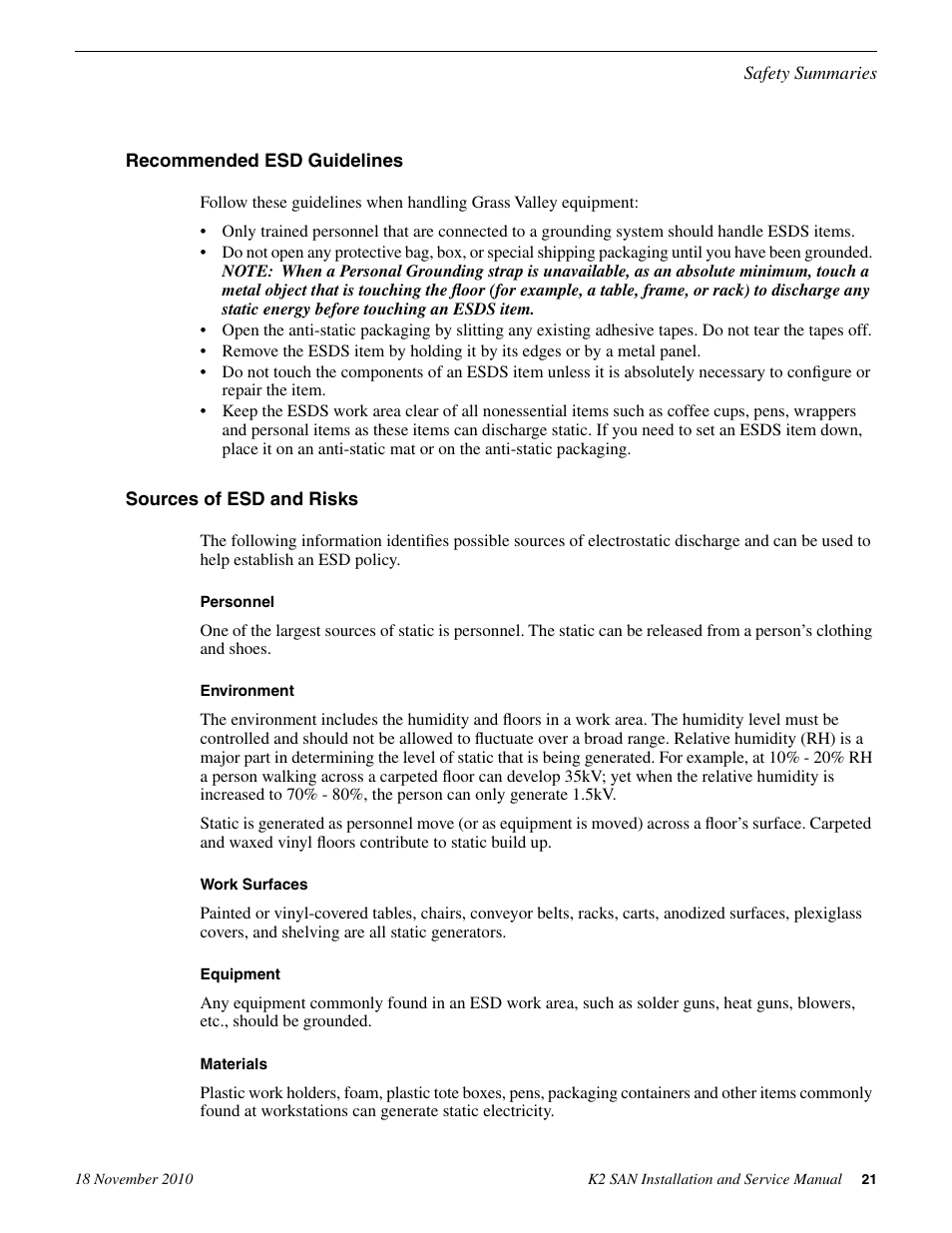 Recommended esd guidelines, Sources of esd and risks | Grass Valley K2 Summit Storage Area Network Installation User Manual | Page 21 / 362