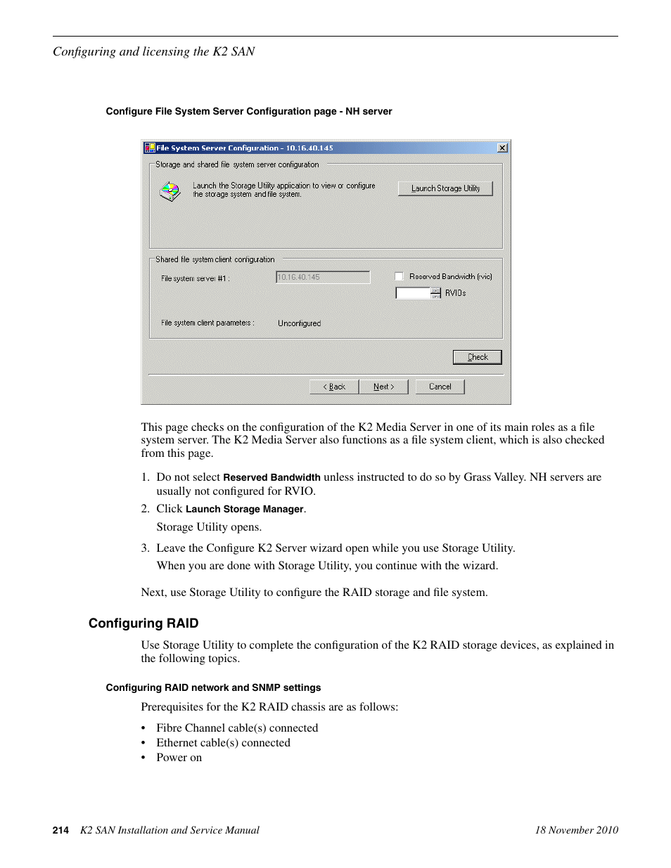 Configuring raid, Configuring raid network and snmp settings | Grass Valley K2 Summit Storage Area Network Installation User Manual | Page 214 / 362