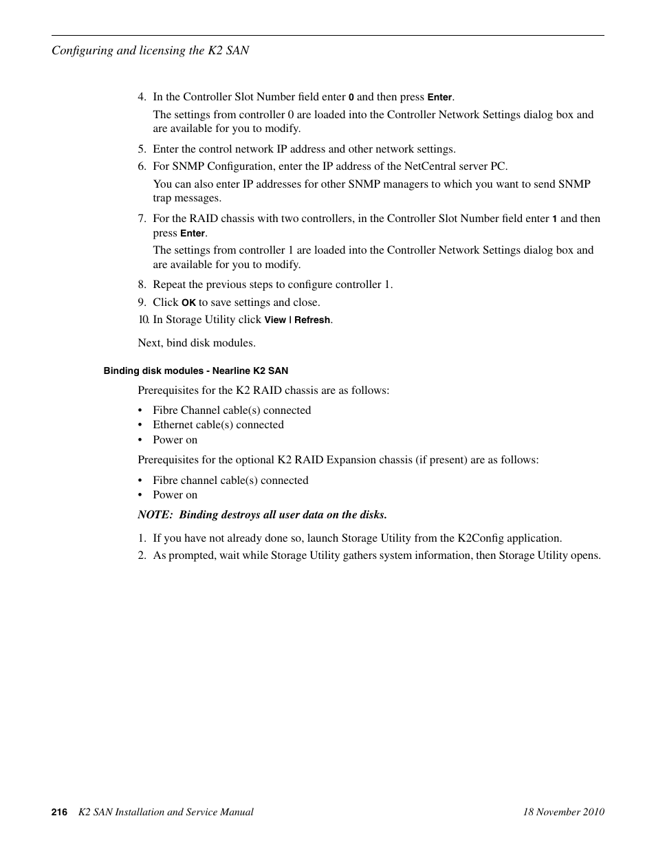 Binding disk modules - nearline k2 san | Grass Valley K2 Summit Storage Area Network Installation User Manual | Page 216 / 362