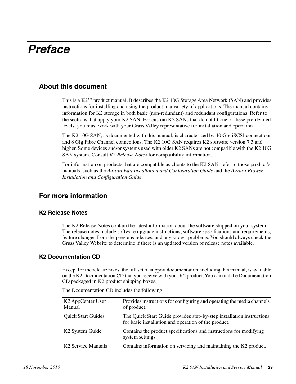 Preface | Grass Valley K2 Summit Storage Area Network Installation User Manual | Page 23 / 362