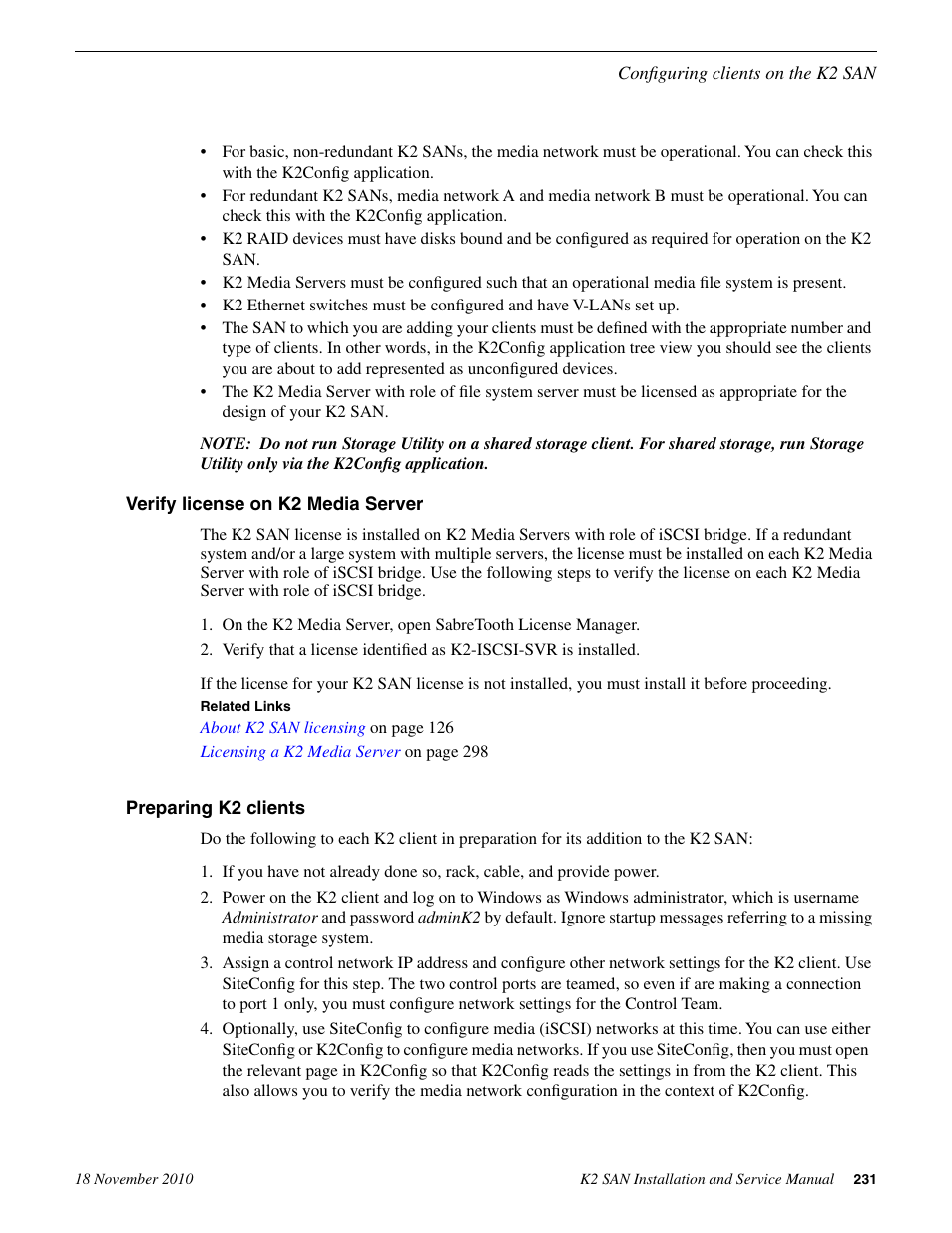Verify license on k2 media server, Preparing k2 clients | Grass Valley K2 Summit Storage Area Network Installation User Manual | Page 231 / 362