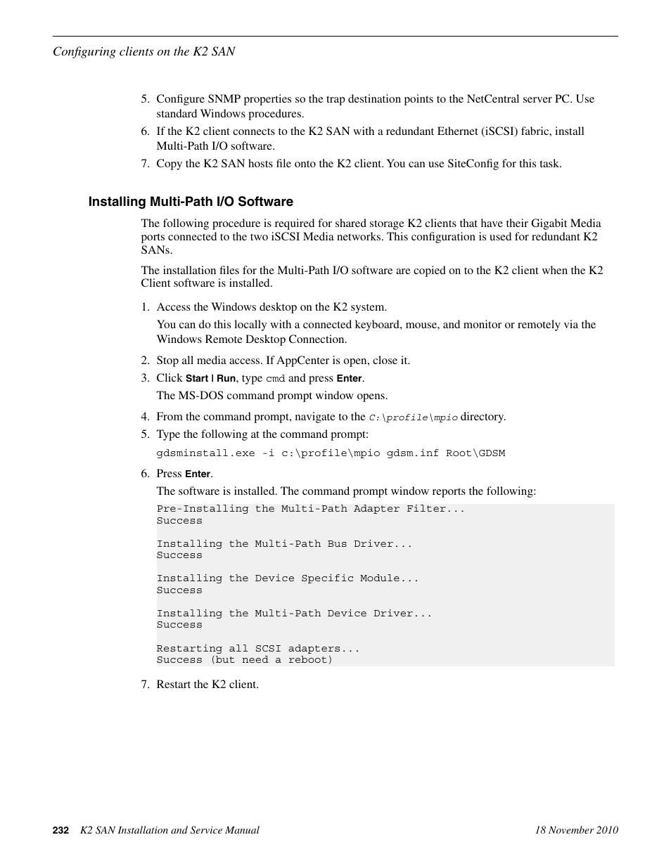 Installing multi-path i/o software | Grass Valley K2 Summit Storage Area Network Installation User Manual | Page 232 / 362