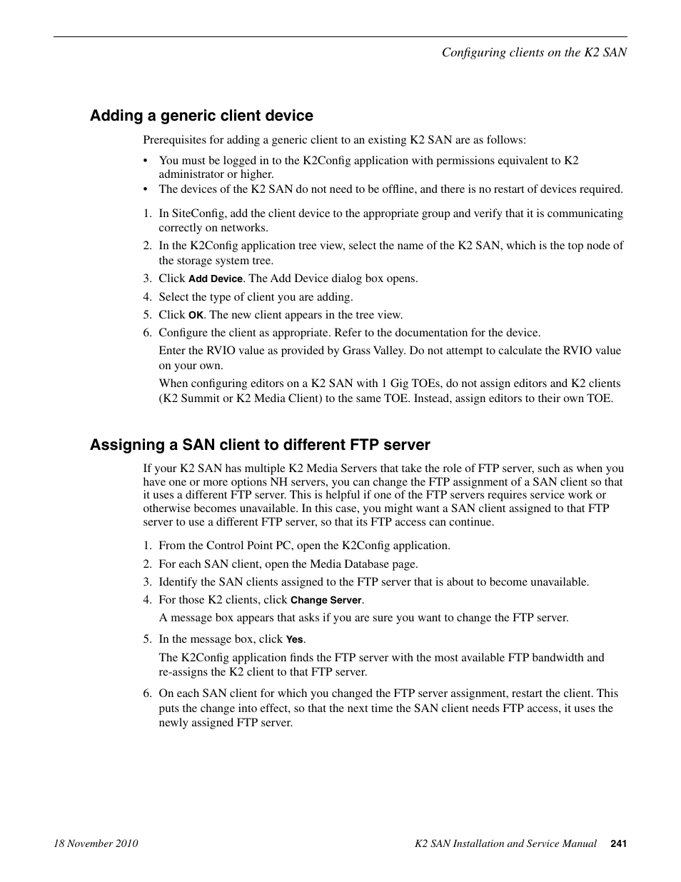 Adding a generic client device, Assigning a san client to different ftp server | Grass Valley K2 Summit Storage Area Network Installation User Manual | Page 241 / 362