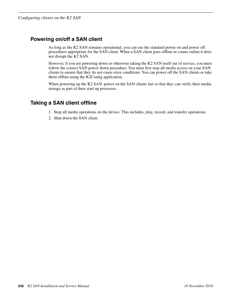 Powering on/off a san client, Taking a san client offline | Grass Valley K2 Summit Storage Area Network Installation User Manual | Page 242 / 362