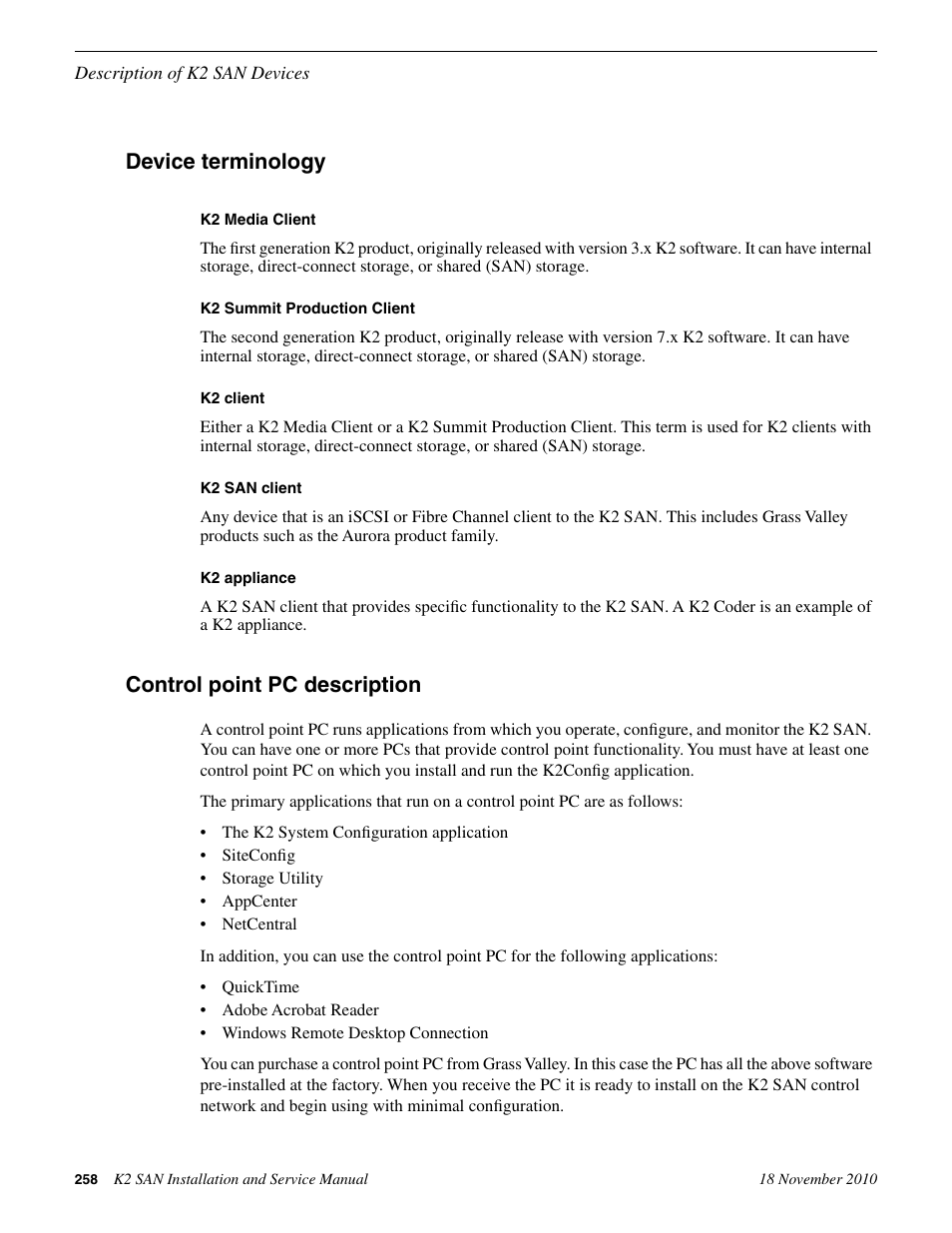Device terminology, Control point pc description, Device terminology control point pc description | Grass Valley K2 Summit Storage Area Network Installation User Manual | Page 258 / 362