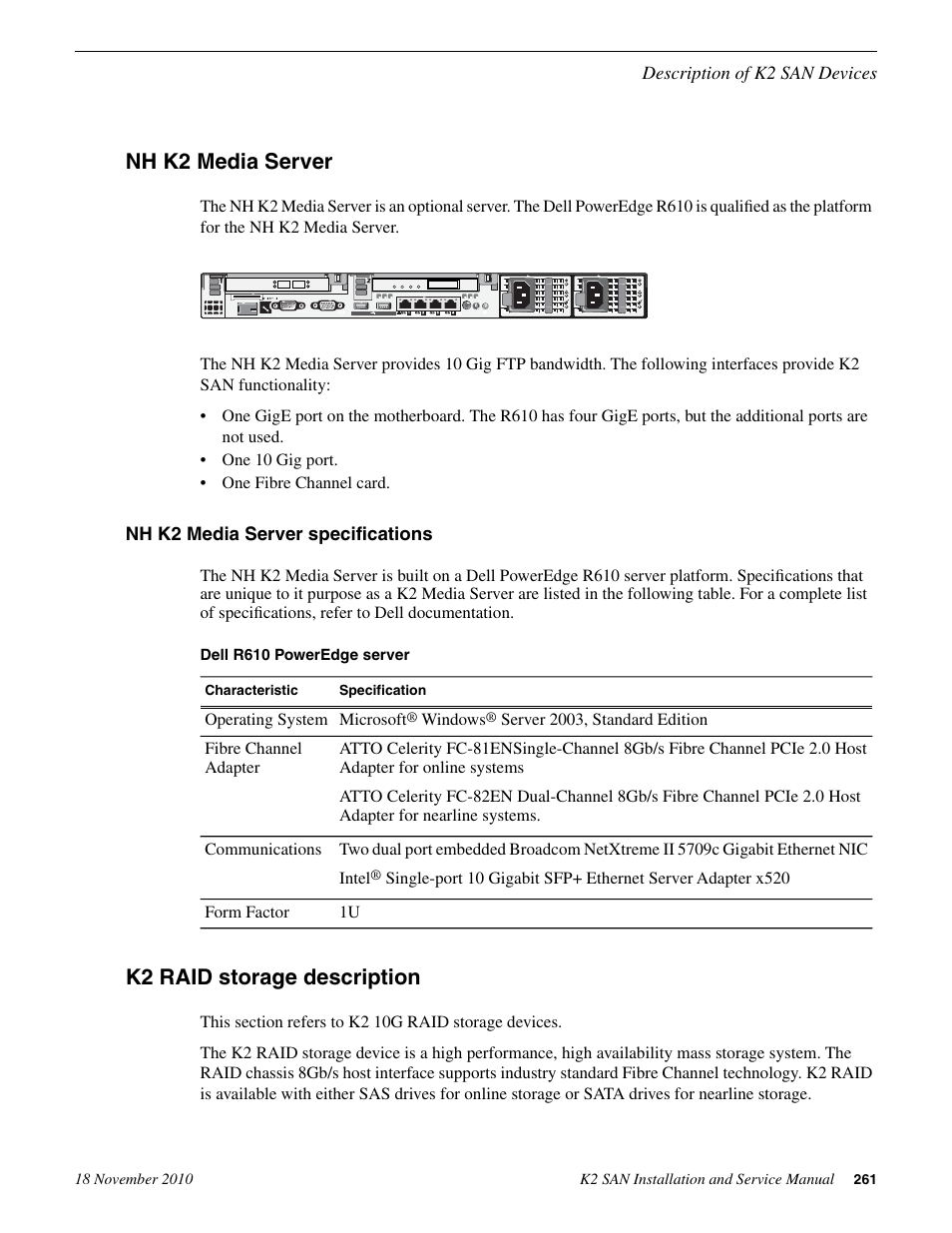 Nh k2 media server, Nh k2 media server specifications, K2 raid storage description | Grass Valley K2 Summit Storage Area Network Installation User Manual | Page 261 / 362