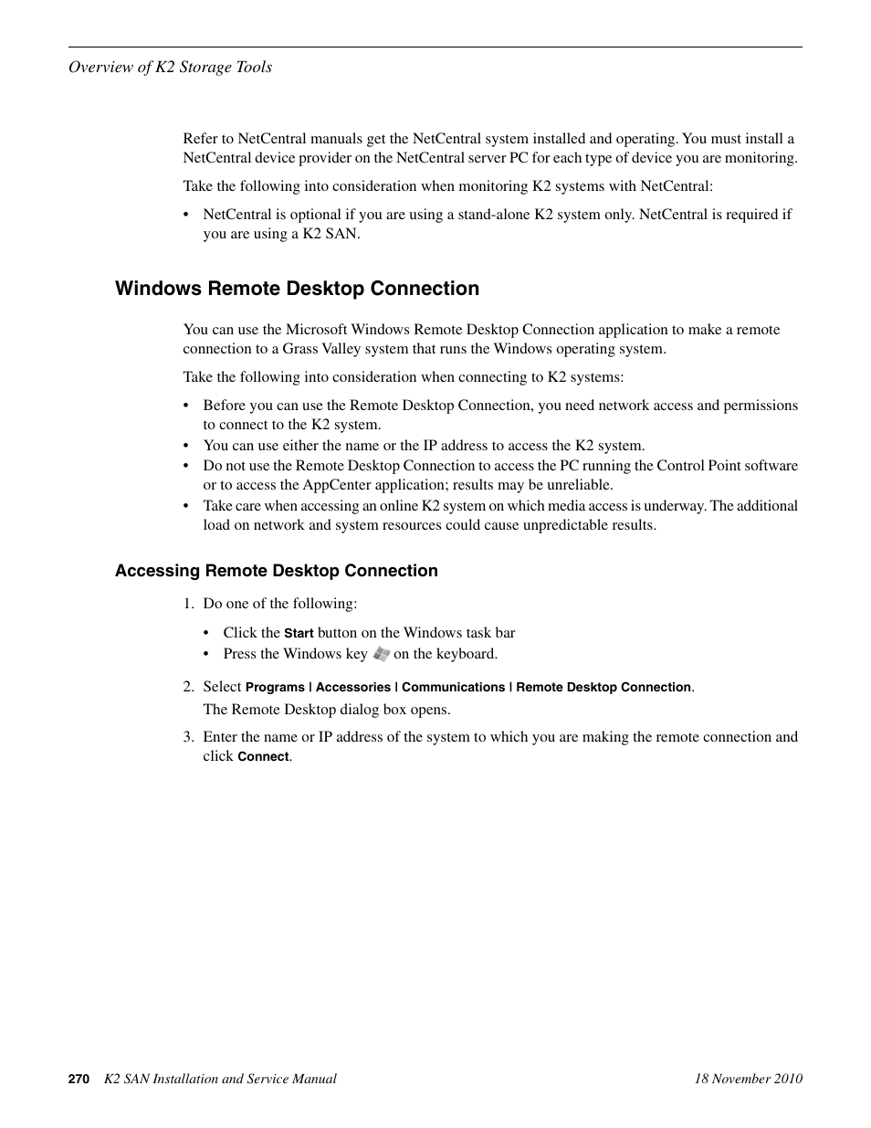 Windows remote desktop connection, Accessing remote desktop connection | Grass Valley K2 Summit Storage Area Network Installation User Manual | Page 270 / 362