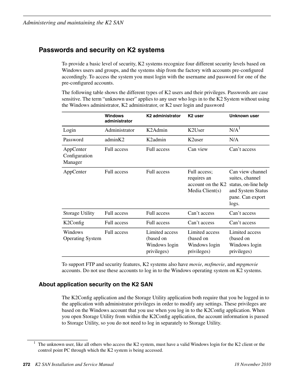 Passwords and security on k2 systems, About application security on the k2 san | Grass Valley K2 Summit Storage Area Network Installation User Manual | Page 272 / 362