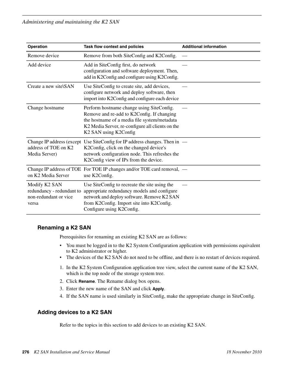 Renaming a k2 san, Adding devices to a k2 san, Renaming a k2 san adding devices to a k2 san | Grass Valley K2 Summit Storage Area Network Installation User Manual | Page 276 / 362