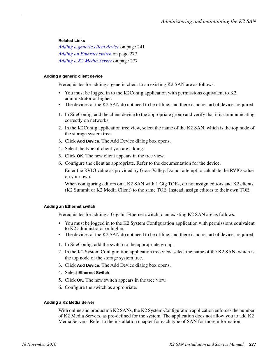 Adding a generic client device, Adding an ethernet switch, Adding a k2 media server | Grass Valley K2 Summit Storage Area Network Installation User Manual | Page 277 / 362