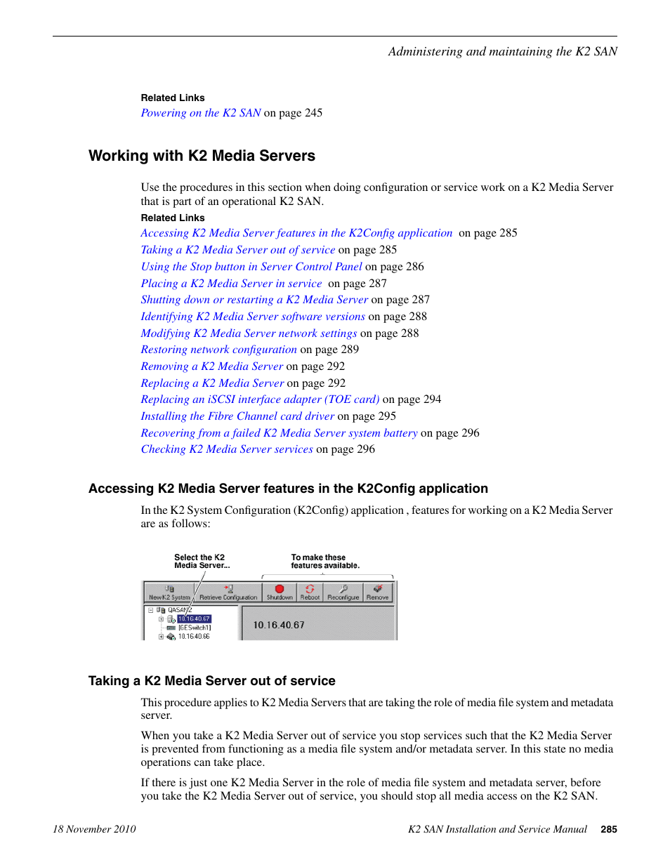 Working with k2 media servers, Taking a k2 media server out of service | Grass Valley K2 Summit Storage Area Network Installation User Manual | Page 285 / 362