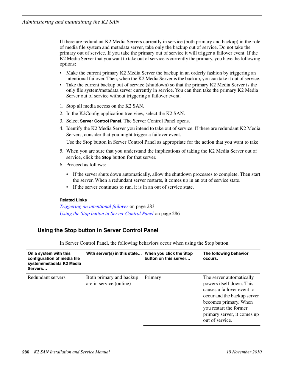 Using the stop button in server control panel | Grass Valley K2 Summit Storage Area Network Installation User Manual | Page 286 / 362