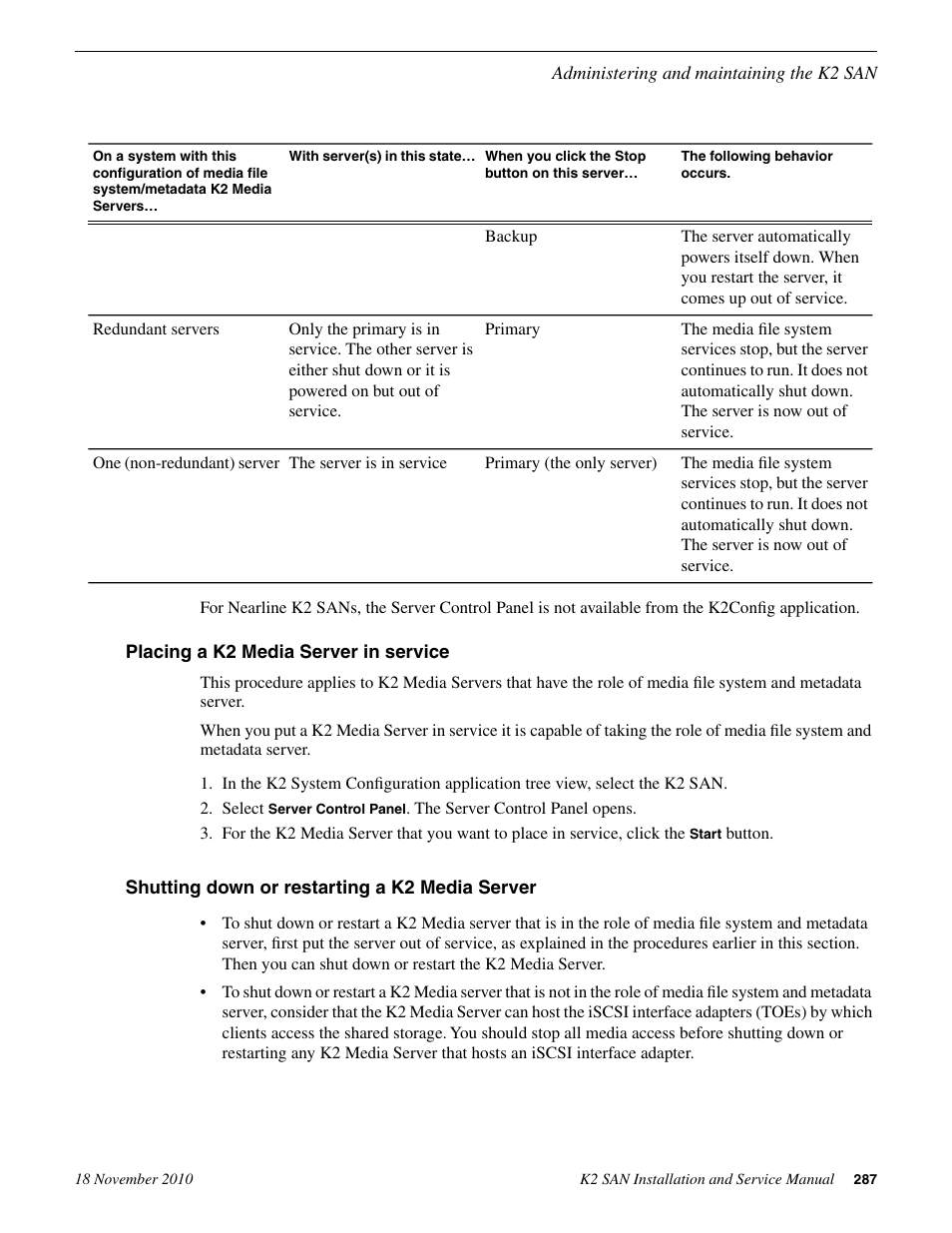 Placing a k2 media server in service, Shutting down or restarting a k2 media server | Grass Valley K2 Summit Storage Area Network Installation User Manual | Page 287 / 362