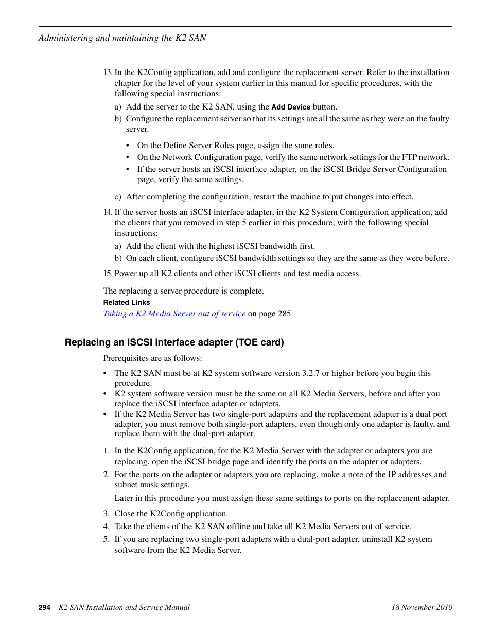 Replacing an iscsi interface adapter (toe card) | Grass Valley K2 Summit Storage Area Network Installation User Manual | Page 294 / 362