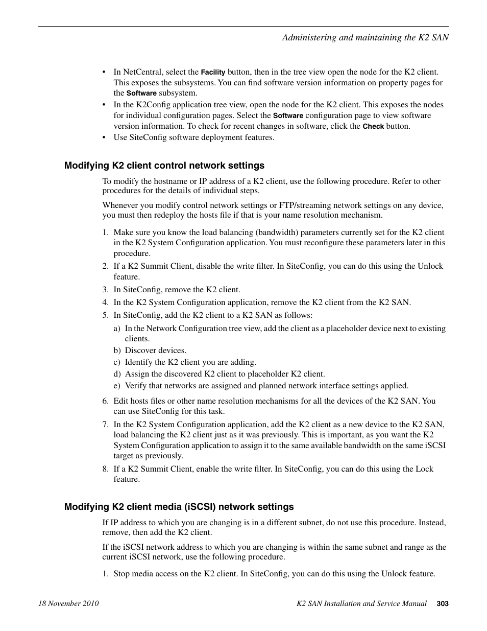 Modifying k2 client control network settings, Modifying k2 client media (iscsi) network settings | Grass Valley K2 Summit Storage Area Network Installation User Manual | Page 303 / 362