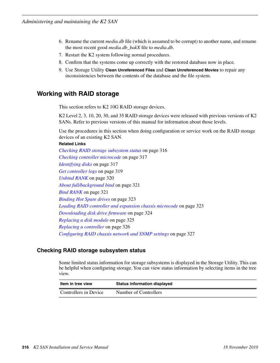 Working with raid storage, Checking raid storage subsystem status | Grass Valley K2 Summit Storage Area Network Installation User Manual | Page 316 / 362