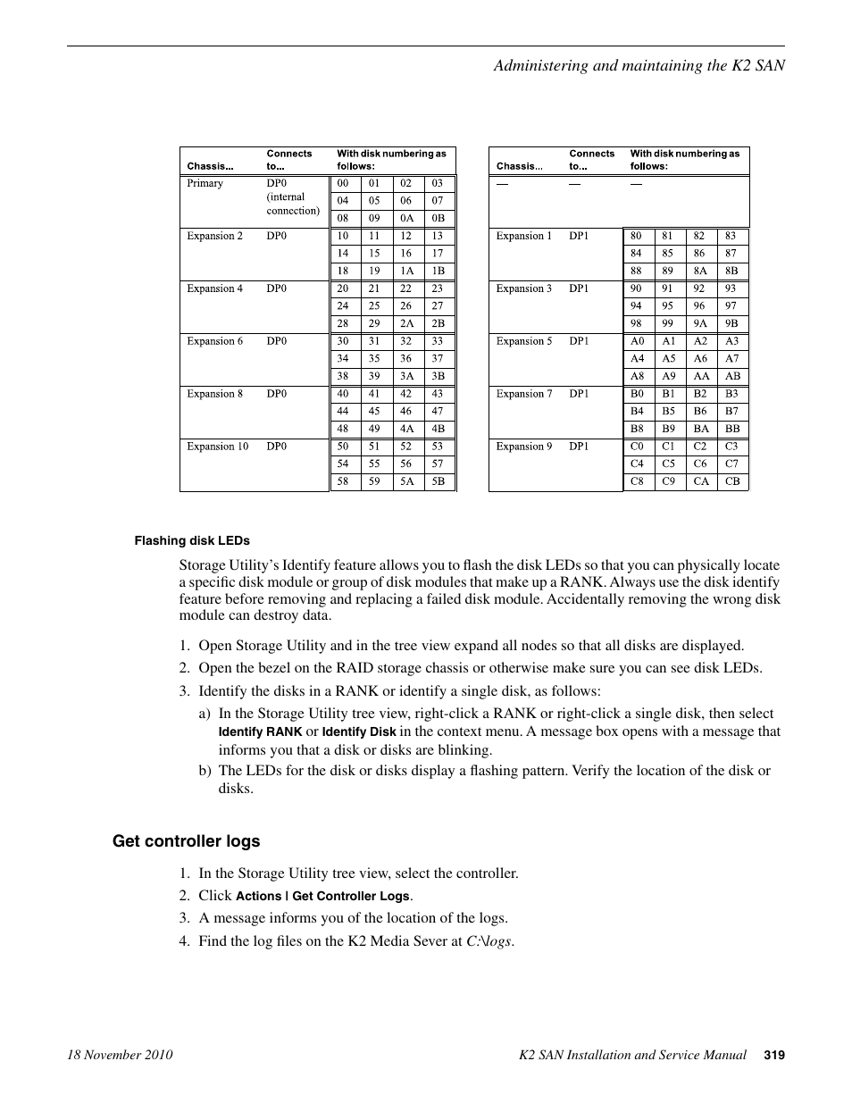 Flashing disk leds, Get controller logs | Grass Valley K2 Summit Storage Area Network Installation User Manual | Page 319 / 362